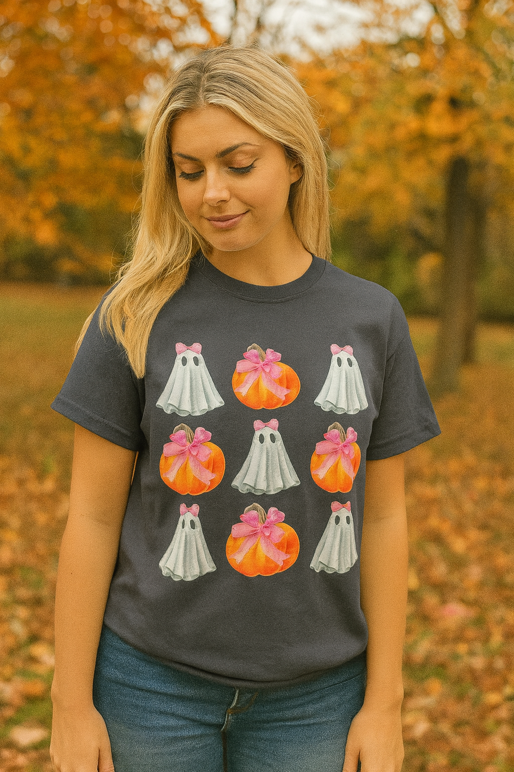 Southern Chics Ghost & Pumpkins Fall Canvas T-Shirt