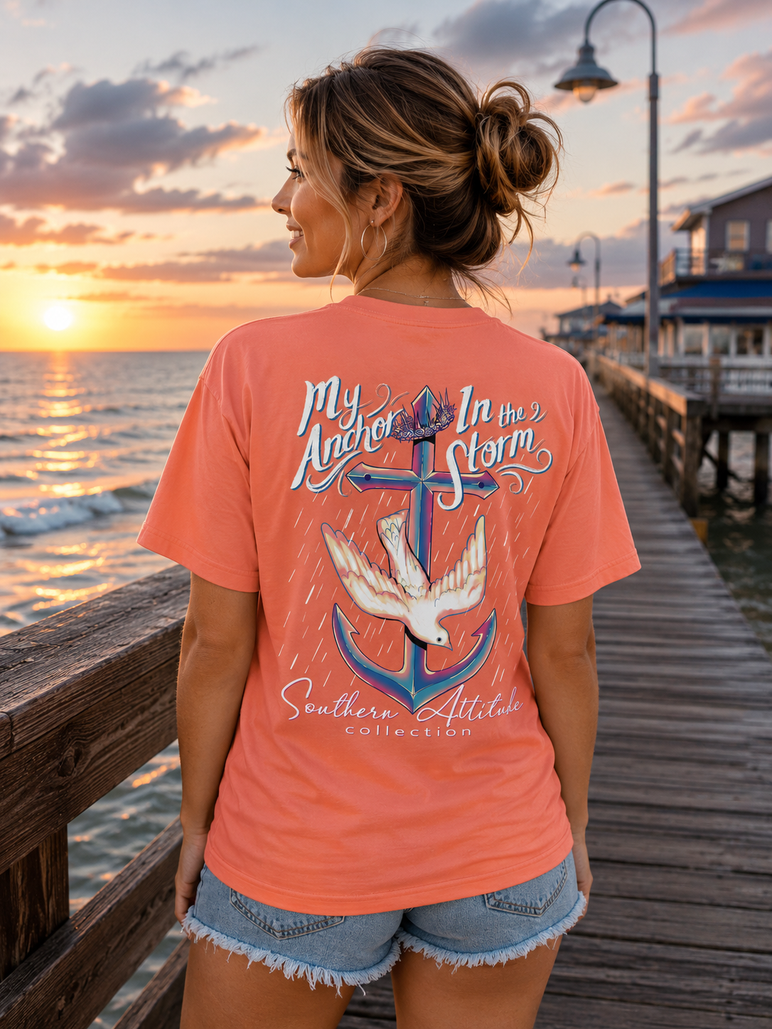 Southern Attitude Anchor In The Storm Coral T-Shirt