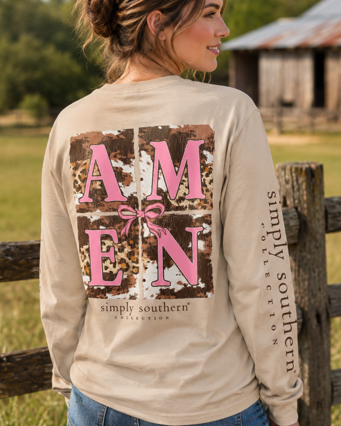 Simply Southern Leopard Cow Print Amen Bow Long Sleeve T-Shirt