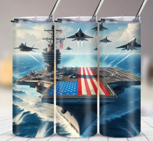 Patriotic Aircraft Carrier Planes 20 oz Skinny Tumbler Cup With Straw