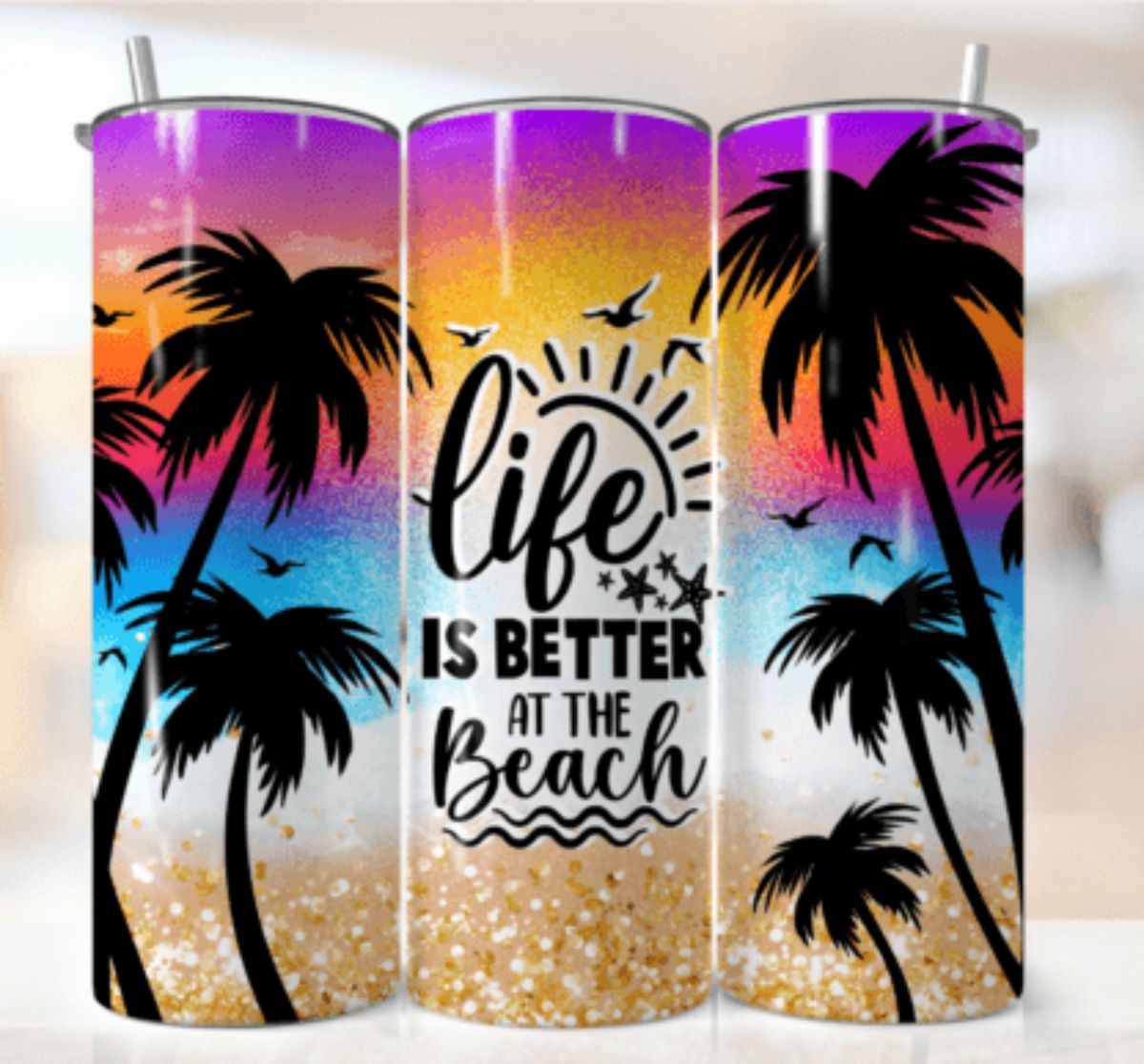 Life is Better at the Beach 20 oz Skinny Tumbler Cup With Straw