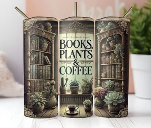 Books, Plants and Coffee 20 oz Skinny Tumbler Cup With Straw