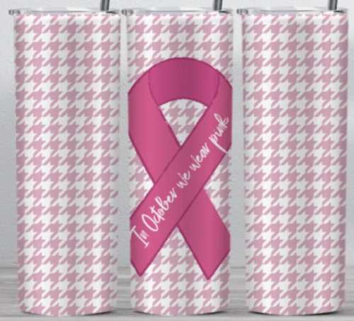 Breast Cancer Awareness In October we wear Pink Houndstooth Pattern 20 oz Skinny Tumbler Cup With Straw
