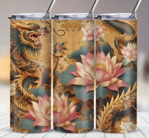 Dragon and Lotus Flower 20 oz Skinny Tumbler Cup With Straw