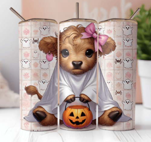 Halloween Highland Cow Cute Spooky Ghost  20 oz Skinny Tumbler Cup With Straw