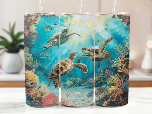 Sea Turtles Ocean 20 oz Skinny Tumbler Cup With Straw