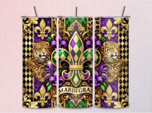 Mardi Gras Fleur De Lis 20 oz Skinny Tumbler Cup With Straw