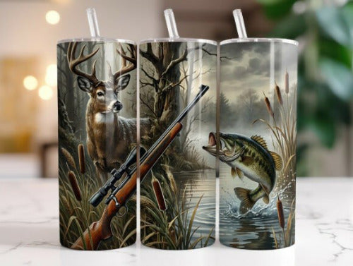Deer Hunting and Fishing 20 oz Skinny Tumbler Cup With Straw