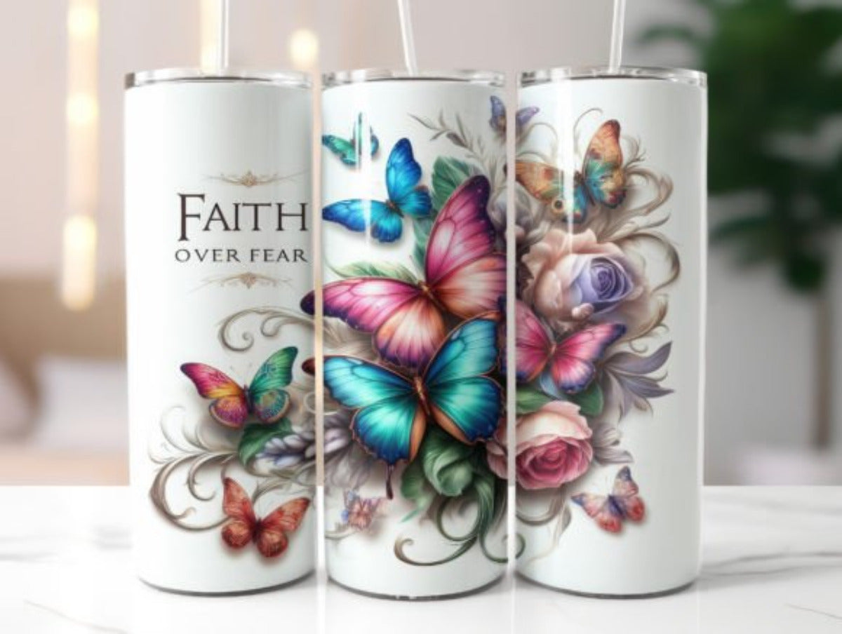 Faith Over Fear Butterflies 20 oz Skinny Tumbler Cup With Straw