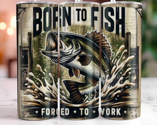 Born to Fish Forced to Work Bass 20 oz Skinny Tumbler Cup With Straw