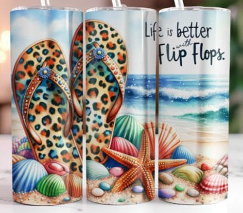 Life Is Better With Flip Flops Cheetah Print Shells  20 oz Skinny Tumbler Cup With Straw