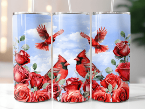 Cardinals Birds and Roses 20 oz Skinny Tumbler Cup With Straw