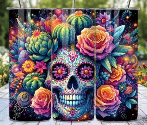 Floral Cactus Sugar Skull 20 oz Skinny Tumbler Cup With Straw