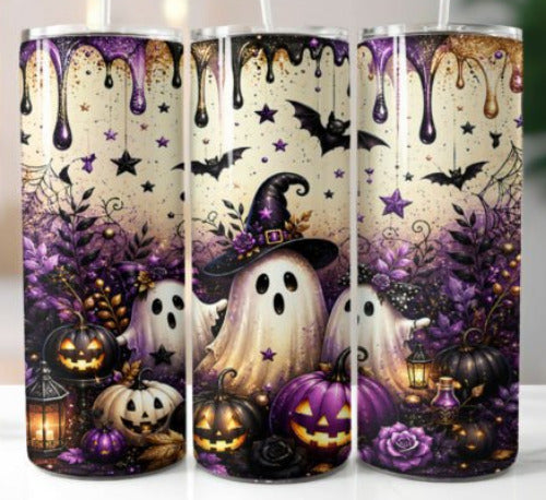 Halloween Ghost and Pumpkins 20 oz Skinny Tumbler Cup With Straw