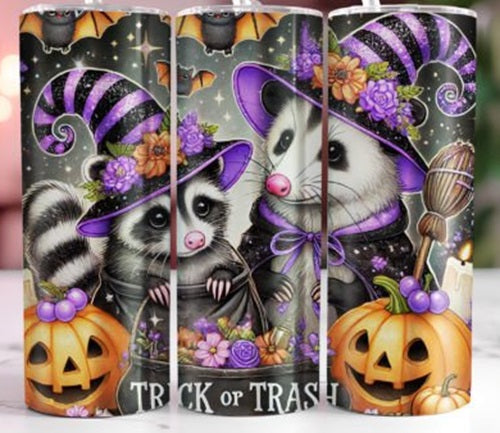 Trick or Trash Possum Racoon Halloween 20 oz Skinny Tumbler Cup With Straw