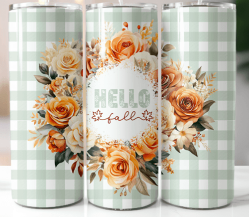 Hello Fall Gingham Plaid flowers 20 oz Skinny Tumbler Cup With Straw
