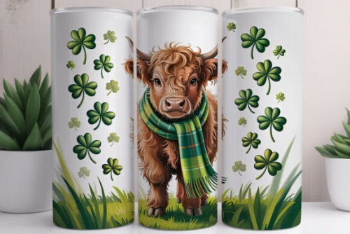St. Patrick Highland Cow Irish  20 oz Skinny Tumbler Cup With Straw