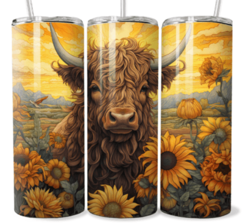 Sunflower Highland Cow 20 oz Skinny Tumbler Cup With Straw