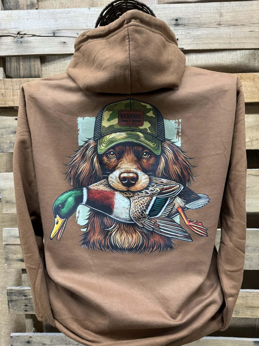 Backwoods Boykin Spaniel Dog with Duck Hunt Long Sleeve Unisex Hoodie