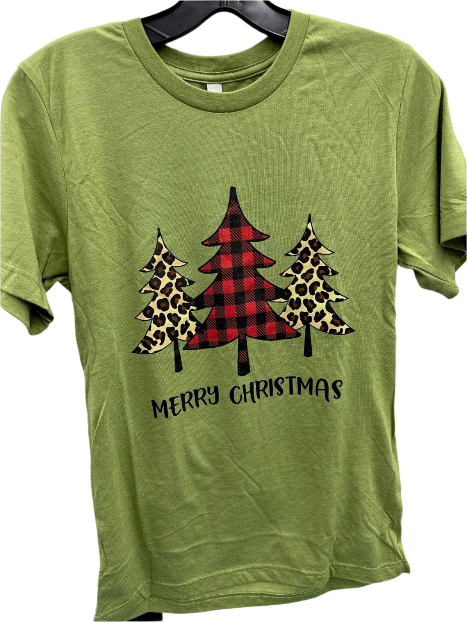 Southern Chics Apparel Merry Christmas Tree Leopard Plaid Canvas T-Shirt
