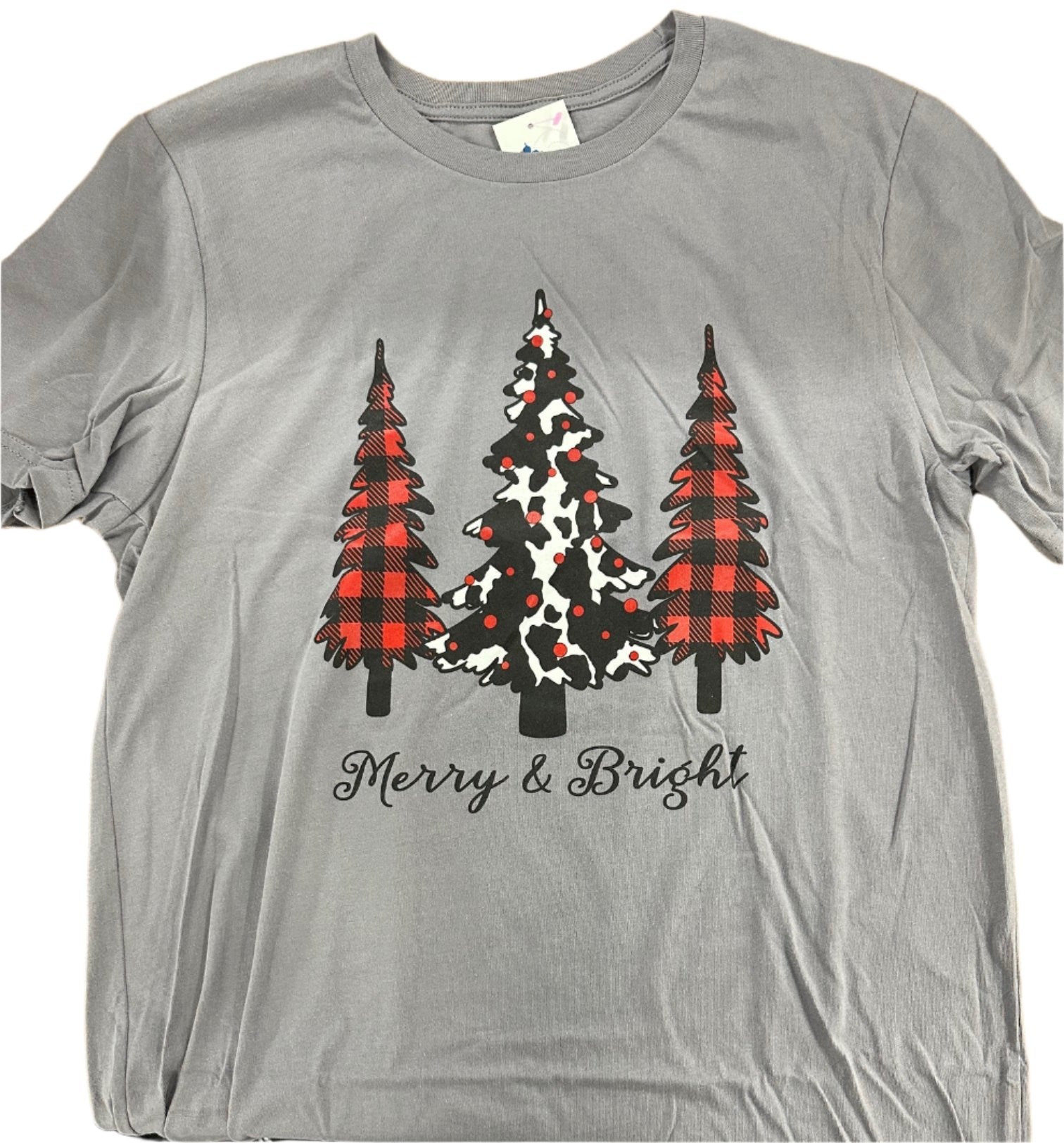 Southern Chics Apparel Merry & Bright Christmas Tree Cow Plaid Canvas T-Shirt