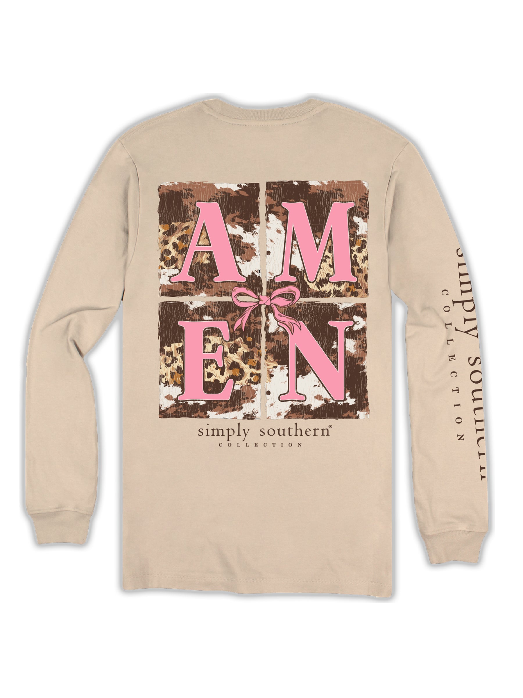 Simply Southern Leopard Cow Print Amen Bow Long Sleeve T-Shirt