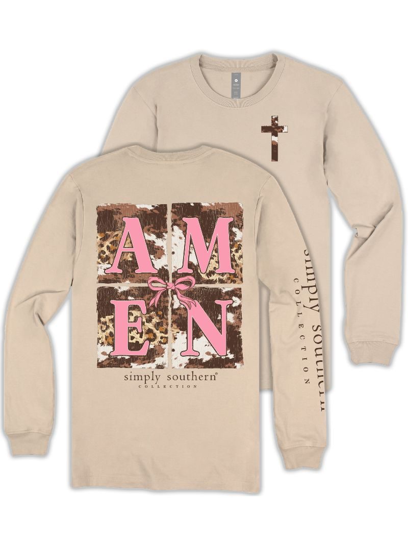Simply Southern Leopard Cow Print Amen Bow Long Sleeve T-Shirt