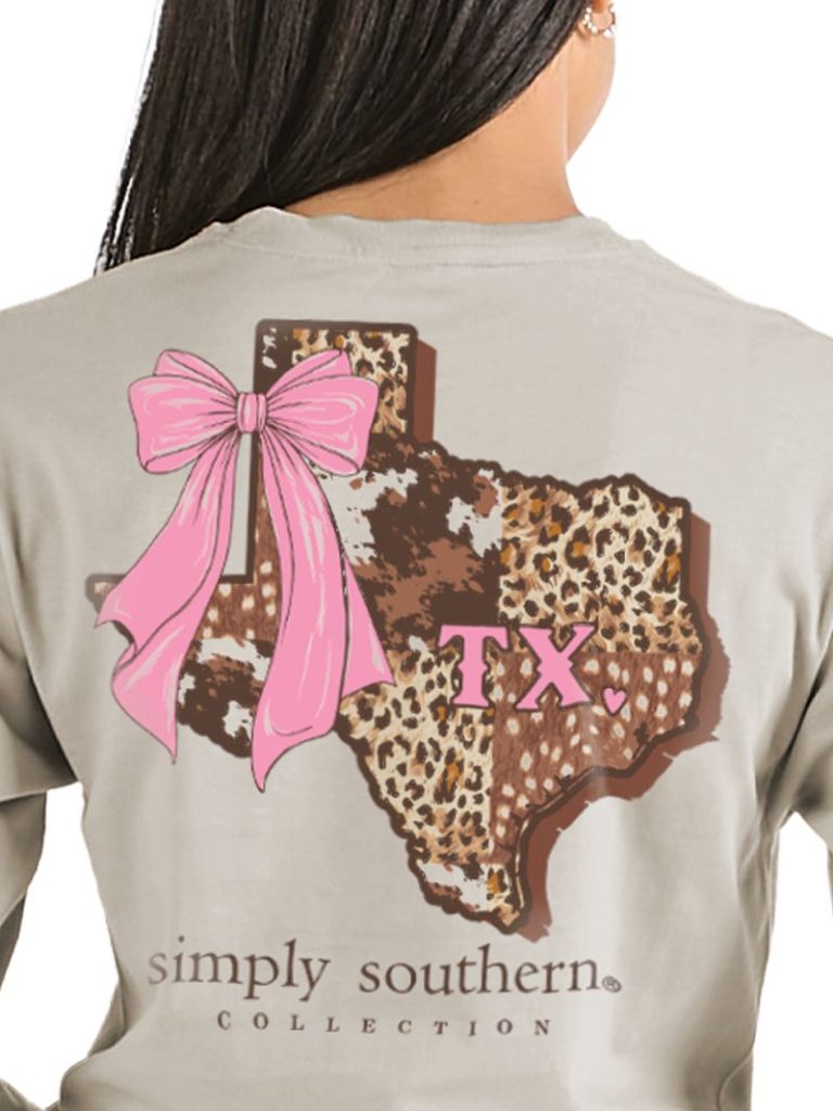 Simply Southern Texas Cow Leopard Print Pattern Long Sleeve T-Shirt