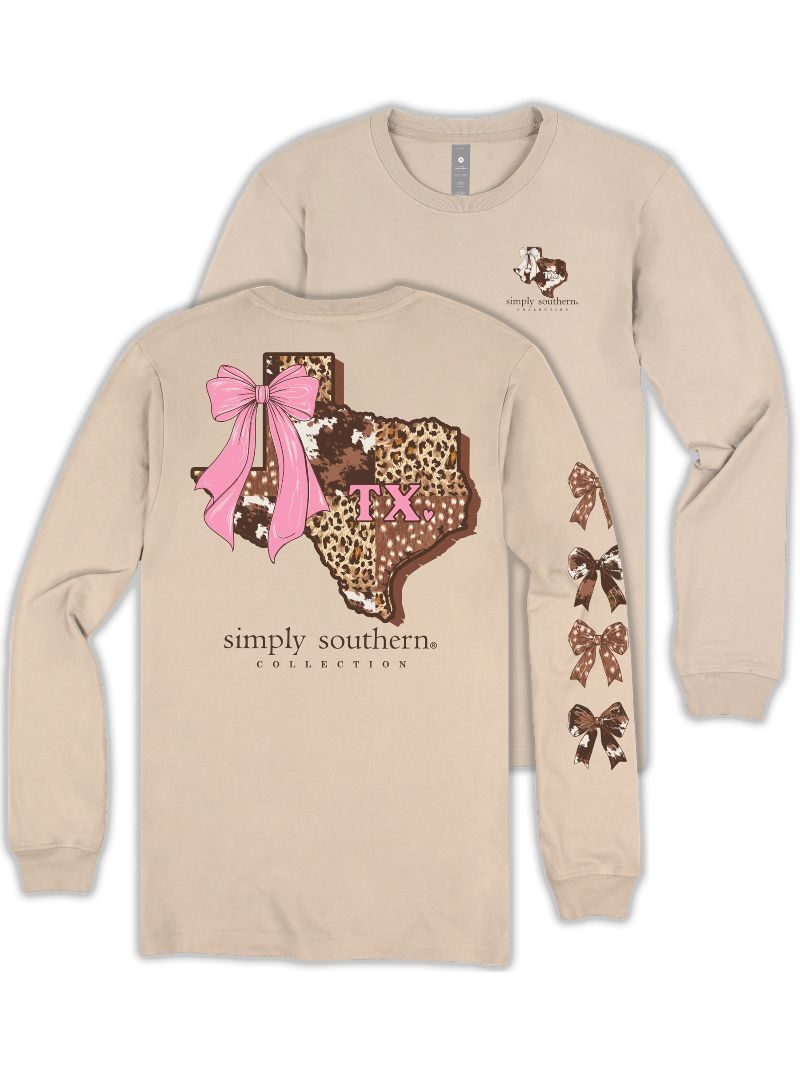 Simply Southern Texas Cow Leopard Print Pattern Long Sleeve T-Shirt