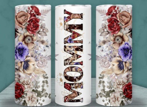 Mommy Flowers 20 oz Skinny Tumbler Cup With Straw