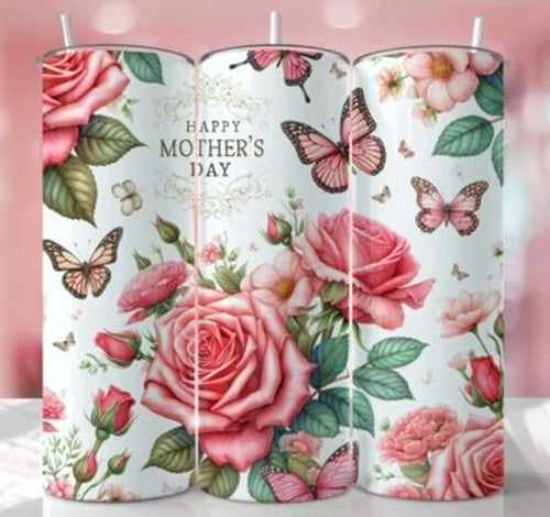 Happy Mothers Day Rose and Butterfly 20 oz Skinny Tumbler Cup With Straw