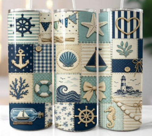 Nautical Patchwork 20 oz Skinny Tumbler Cup With Straw