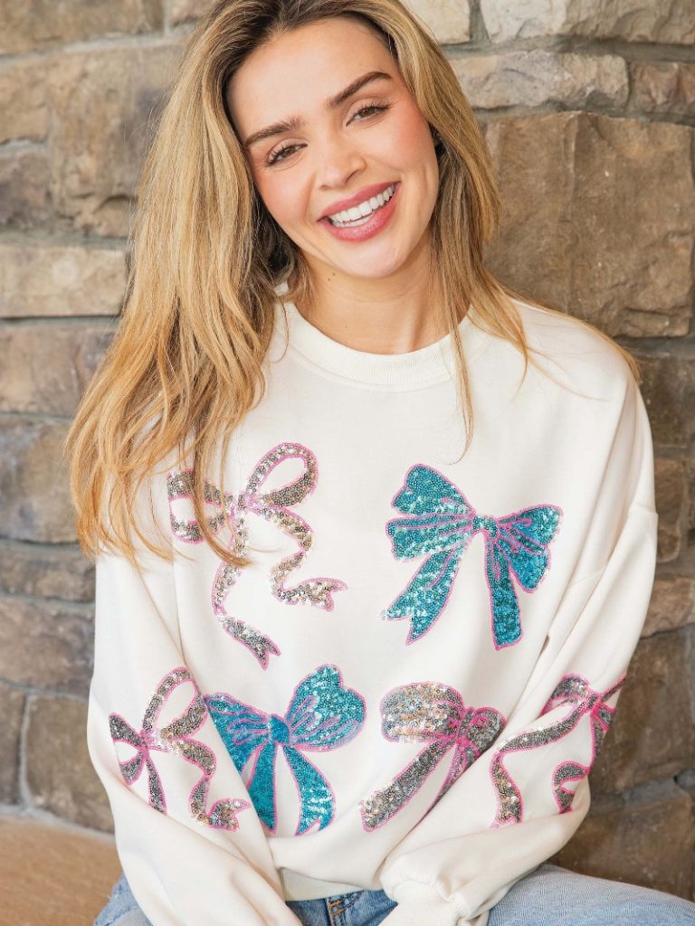 Simply Southern Sequins Ribbons Long Sleeve Crew Sweatshirt