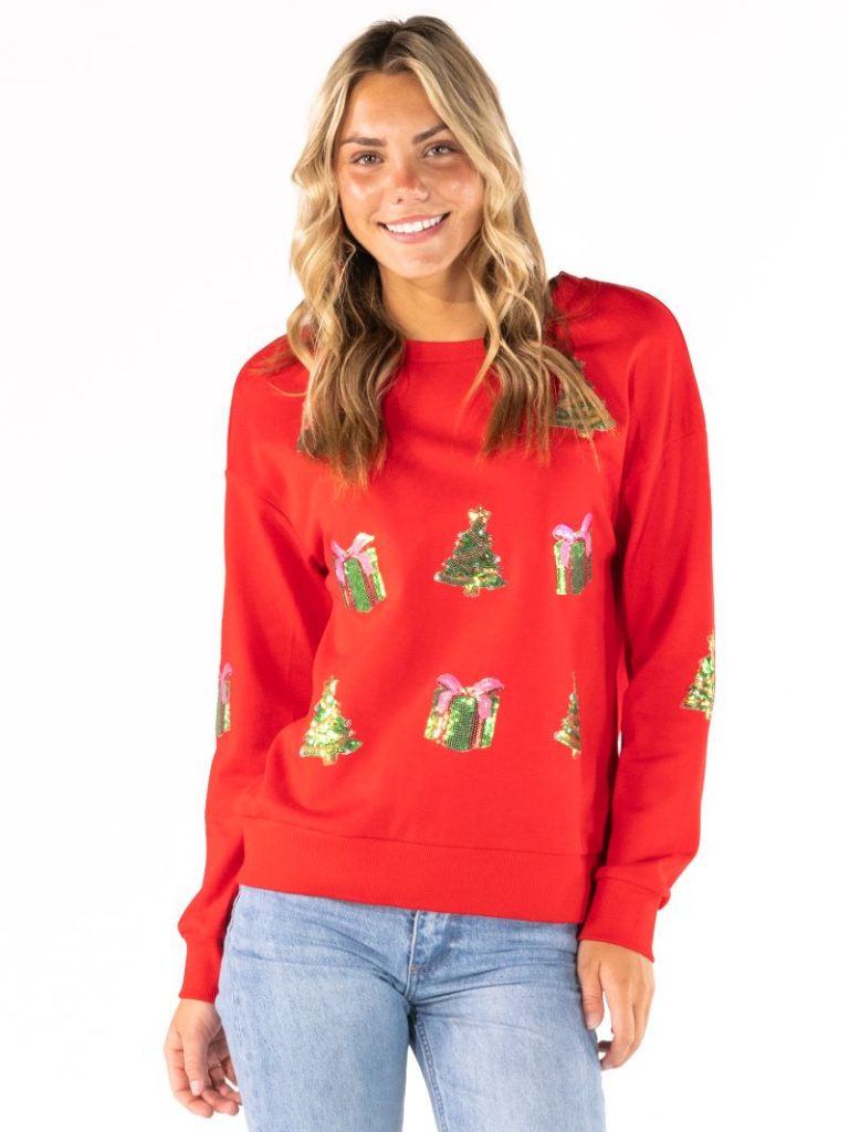 Simply Southern Glistening Applique Holiday Trees Crew Sweatshirt