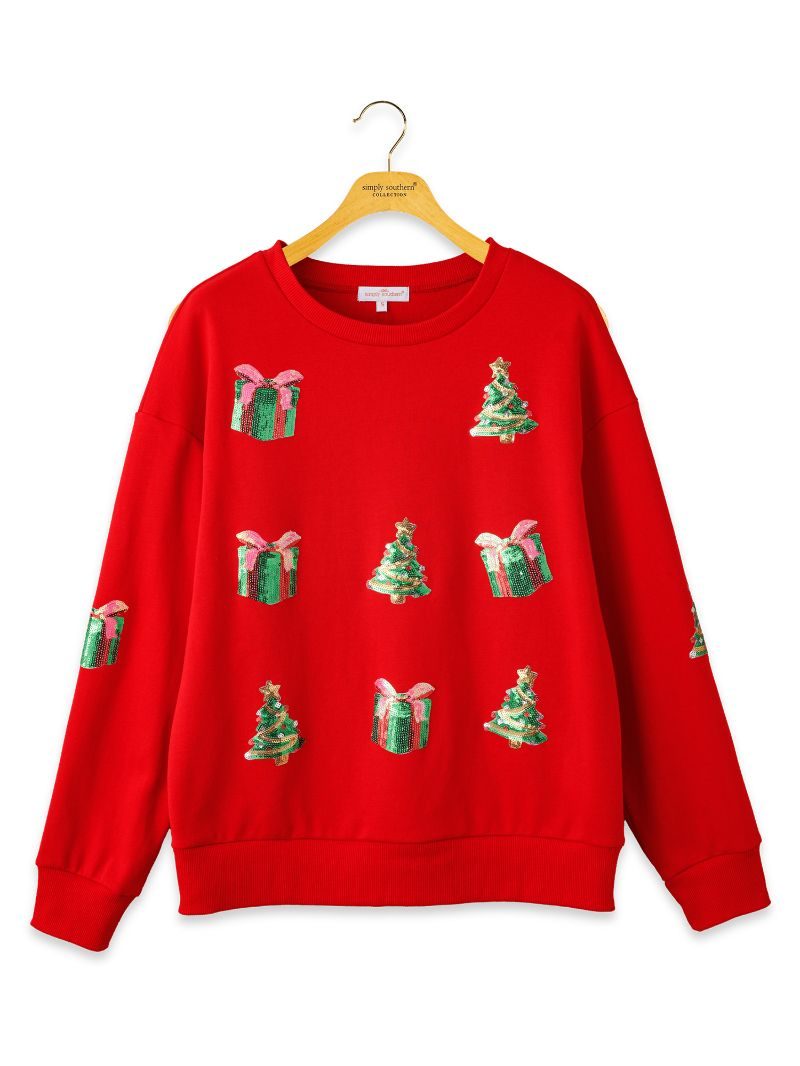 Simply Southern Glistening Applique Holiday Trees Crew Sweatshirt