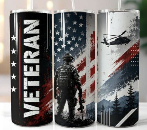 Veteran Patriotic 20 oz Skinny Tumbler Cup With Straw