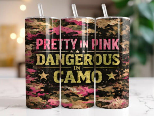 Pretty in Pink Camo 20 oz Skinny Tumbler Cup With Straw