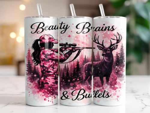 Beauty and Brains Hunting 20 oz Skinny Tumbler Cup With Straw