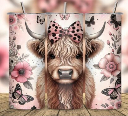 Highland Cow Pink Bow 20 oz Skinny Tumbler Cup With Straw
