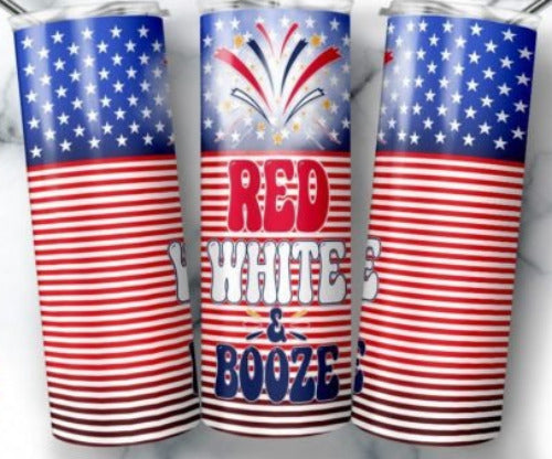 Patriotic Red White and Booze 4th of July 20 oz Skinny Tumbler Cup With Straw