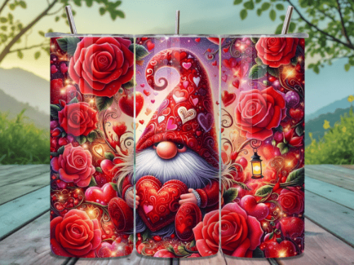Valentines Gnome Roses 20 oz Skinny Tumbler Cup With Straw