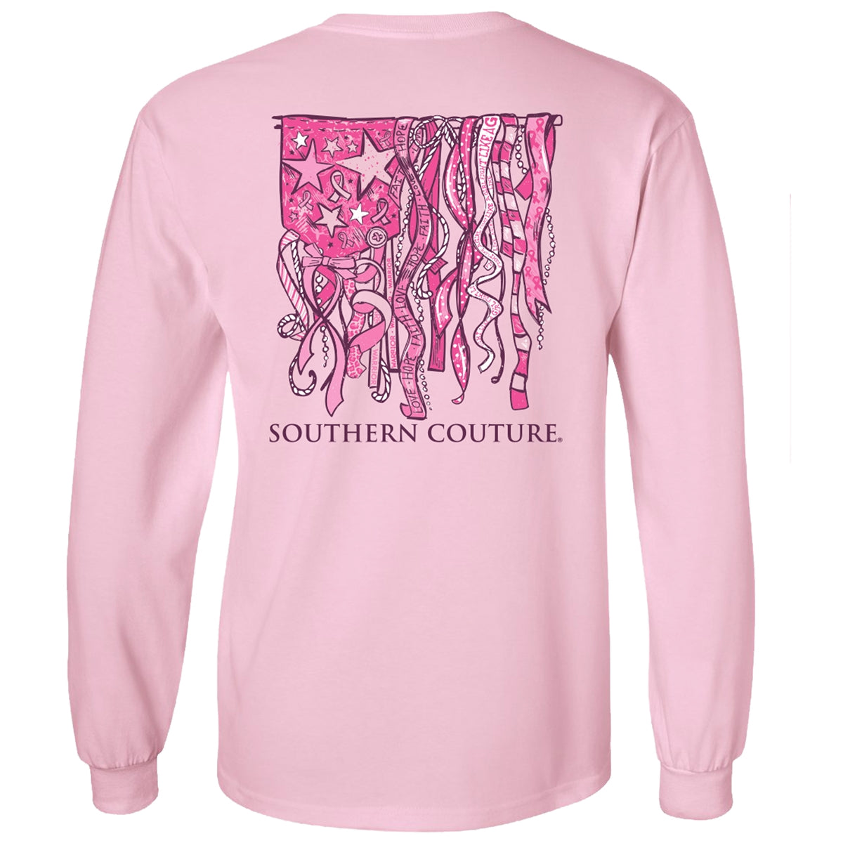 Southern Couture Classic Breast Cancer Ribbon Flag Long Sleeve T-Shirt
