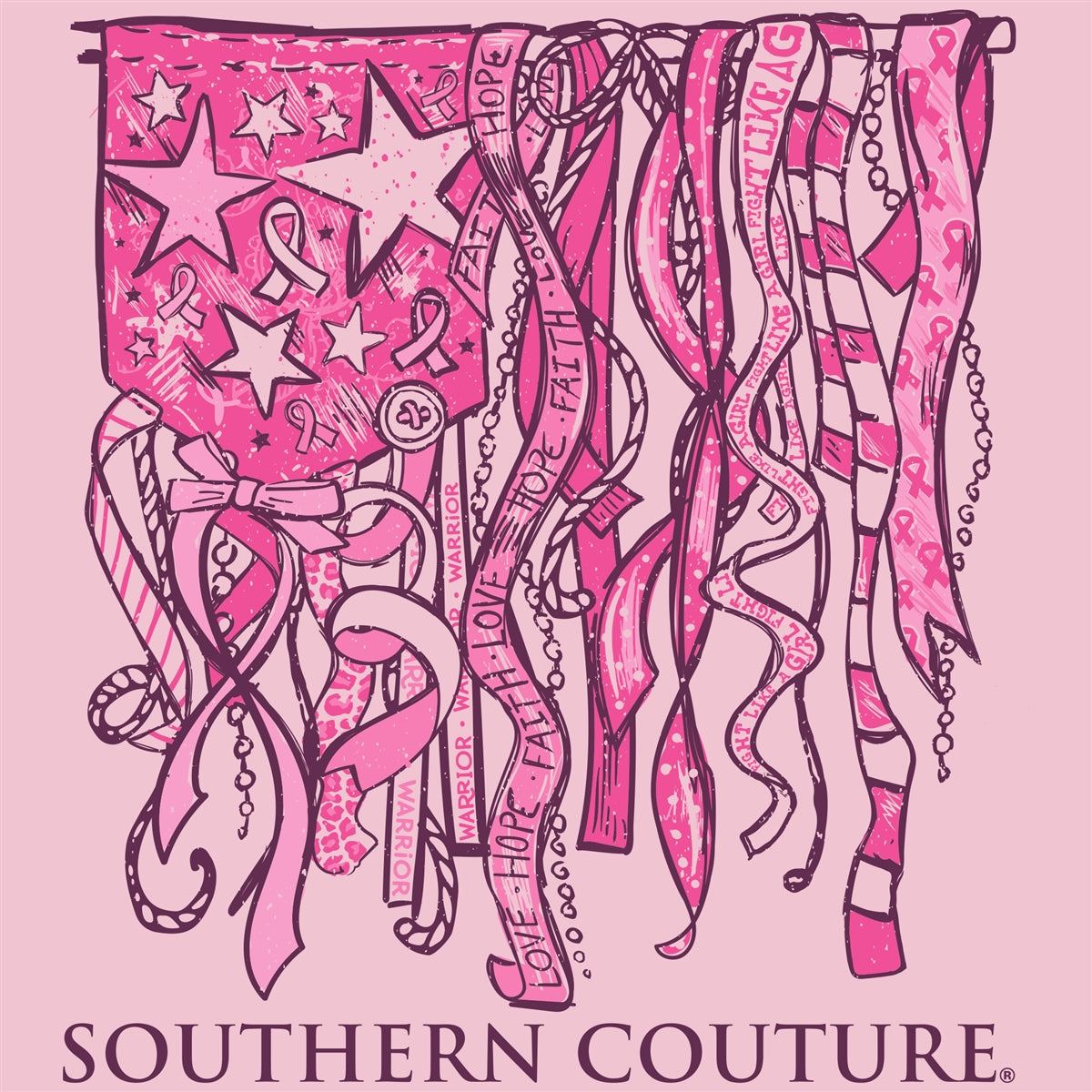Southern Couture Classic Breast Cancer Ribbon Flag Long Sleeve T-Shirt