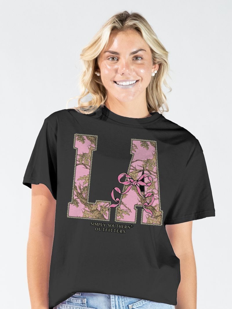 Simply Southern Louisiana Camo Bow Black T-Shirt