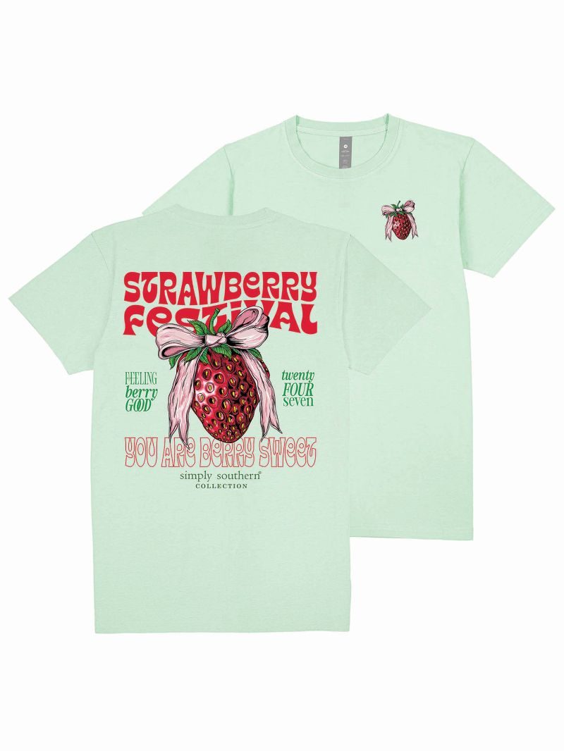 Simply Southern Strawberry Bow Mint T-Shirt