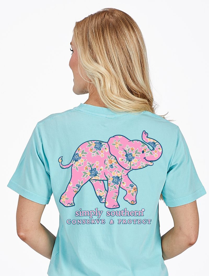Simply Southern Elephant Tracker Floral Aqua T-Shirt