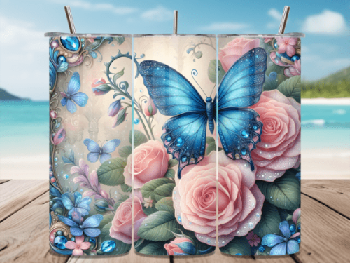 Rose Butterfly Shabby Chic 20 oz Skinny Tumbler Cup With Straw