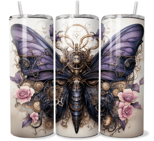 Steampunk Butterfly 20 oz Skinny Tumbler Cup With Straw