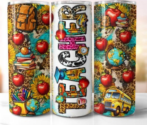 Teacher Sunflower Cheetah Print 20 oz Skinny Tumbler Cup With Straw