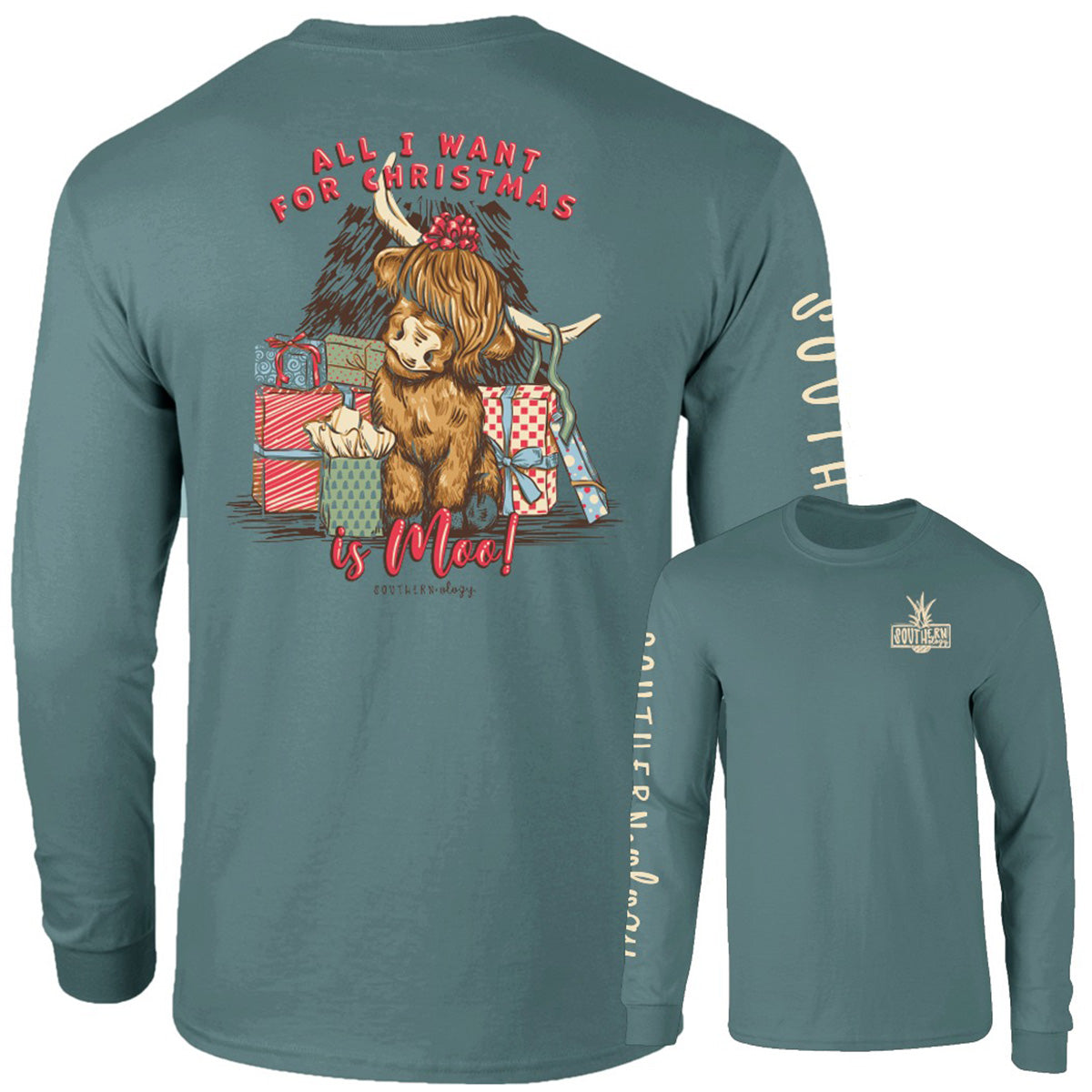 Southernology Christmas Moo Cow Holiday Comfort Colors Long Sleeve T-Shirt